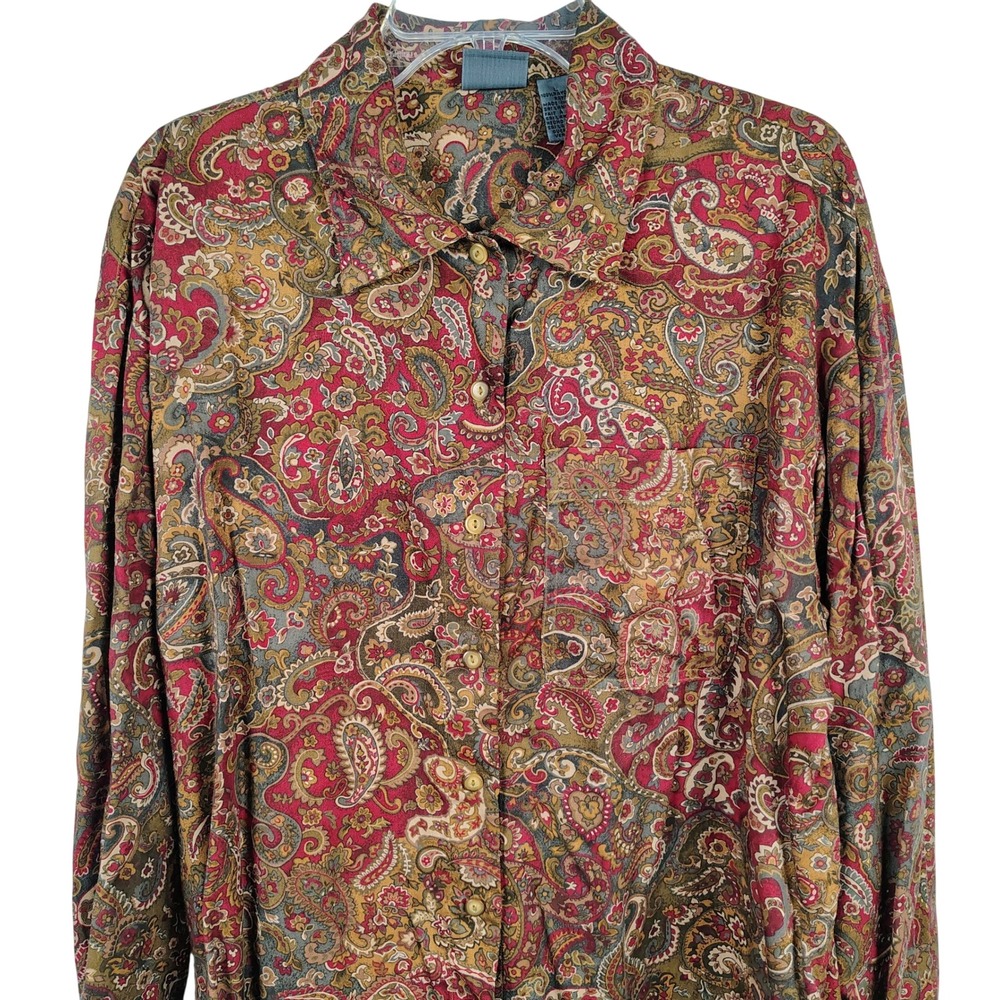 Lizwear Womens L Paisley Button Down Shirt Multicolor Rayon Boho Vintage 90s
